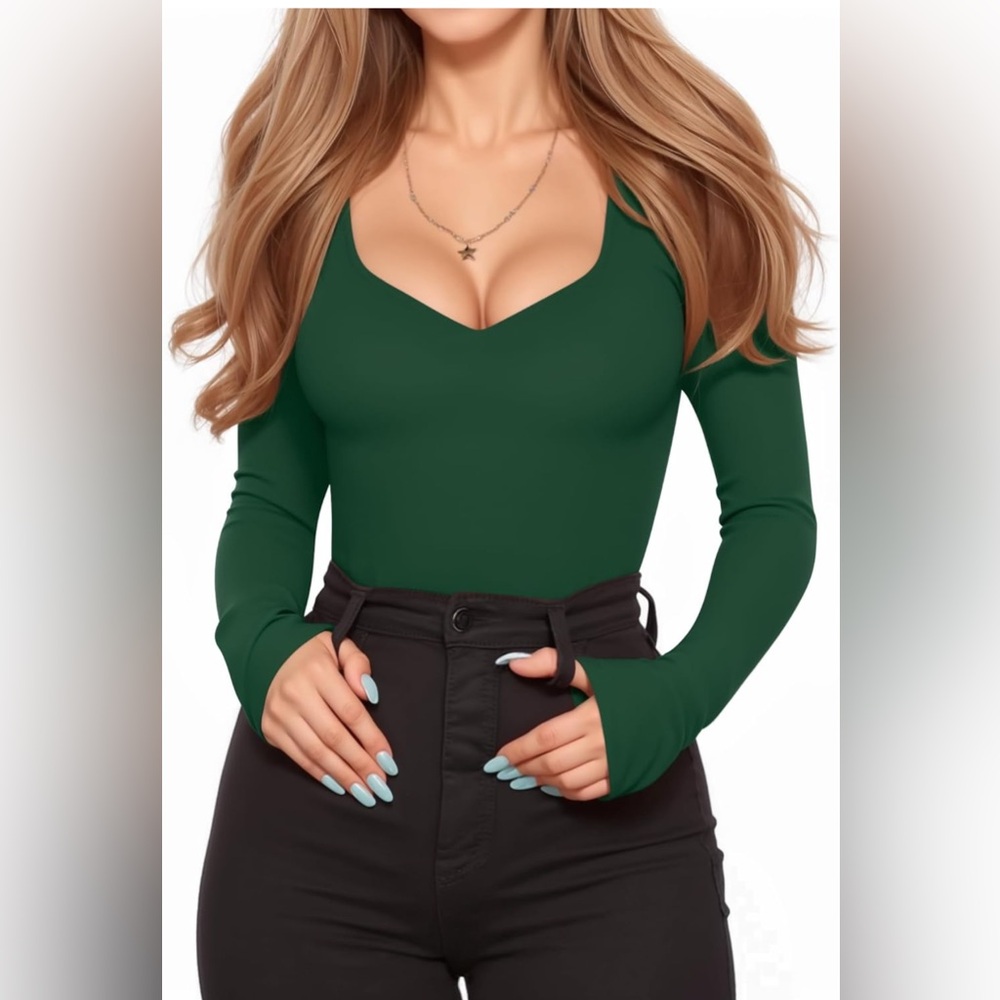 Size M Elegant Green Long  Sleeve  bodysuit Top